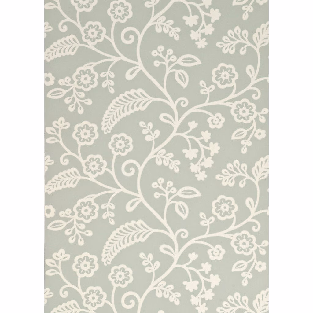Muted aqua-green wallpaper with ivory curling vines, flowers and fern-like leaves