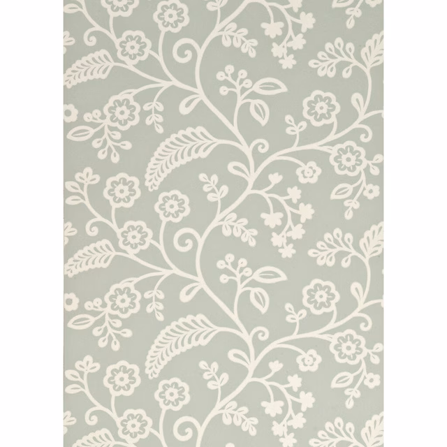 Muted aqua-green wallpaper with ivory curling vines, flowers and fern-like leaves