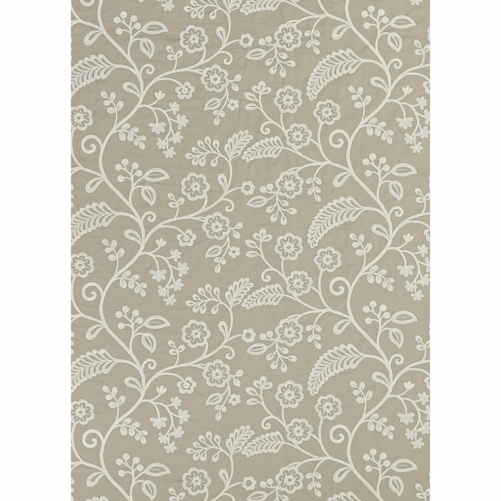 Muted taupe fabric with an ivory scrolling floral and fern motif