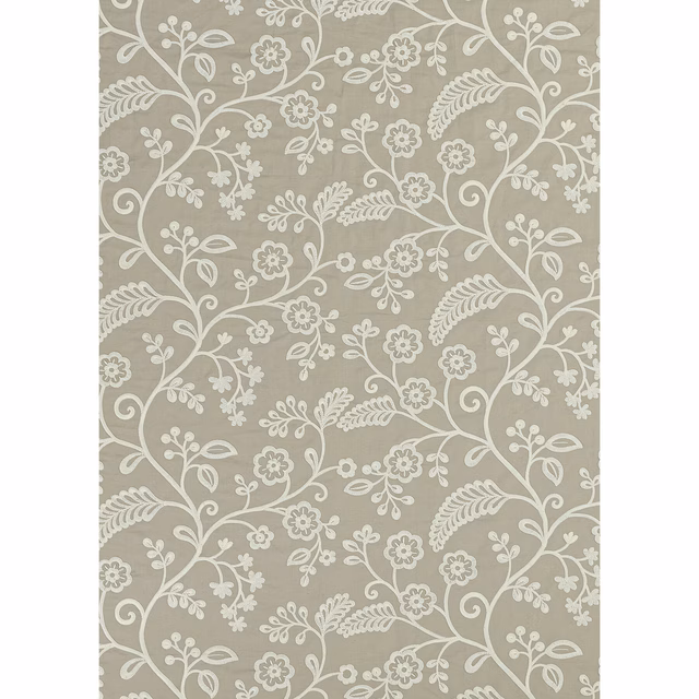 Muted taupe fabric with an ivory scrolling floral and fern motif