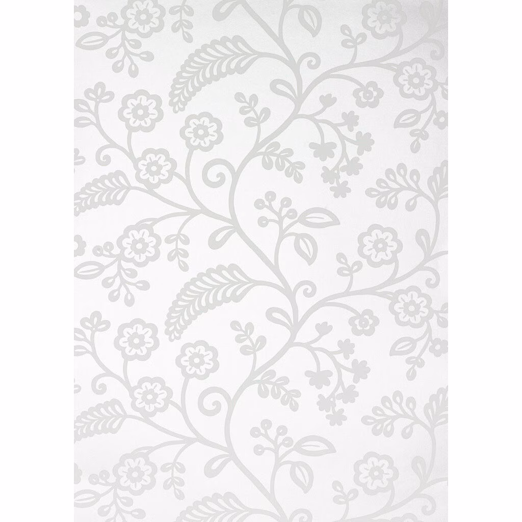Cool silver-grey floral vines with curling stems and stylised flowers on pale wallpaper