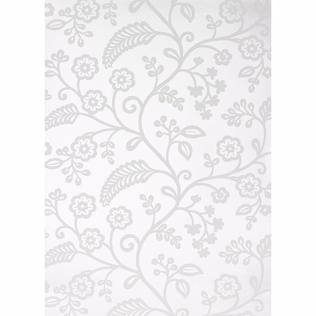 Cool silver-grey floral vines with curling stems and stylised flowers on pale wallpaper