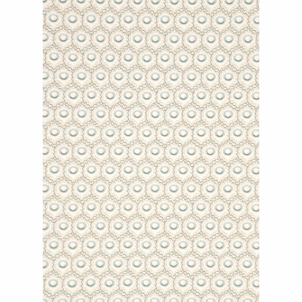 Cream wallpaper with repeating muted aqua and taupe scalloped motifs