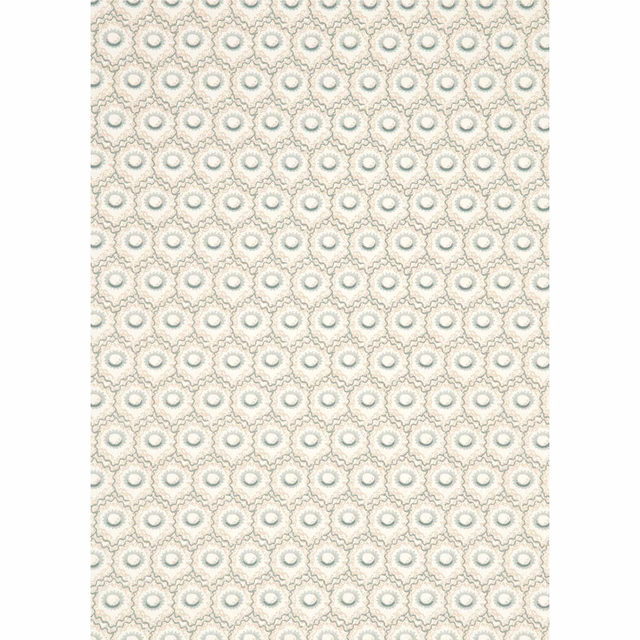 Cream wallpaper with repeating muted aqua and taupe scalloped motifs