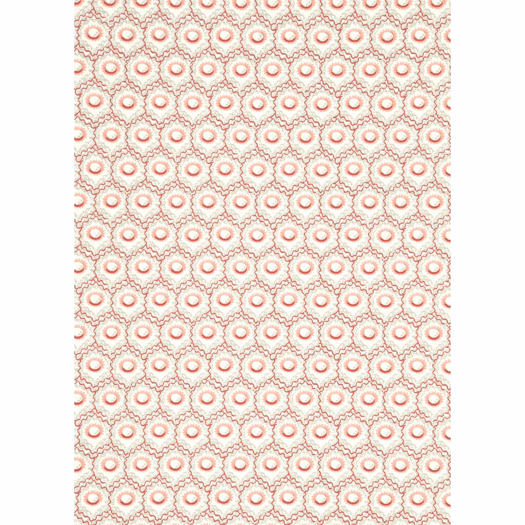 Cream wallpaper with repeating muted red rosettes and pale sage scalloped outlines