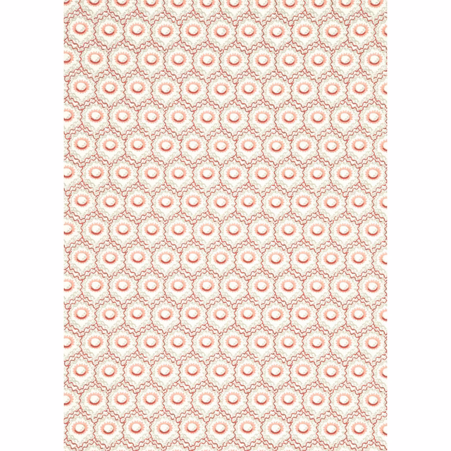 Cream wallpaper with repeating muted red rosettes and pale sage scalloped outlines