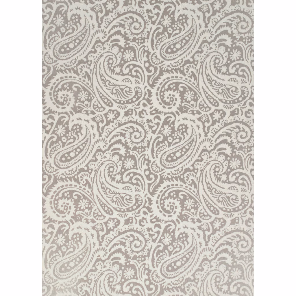 Silver-grey paisleys with floral curls repeating over a pale ivory wallpaper ground