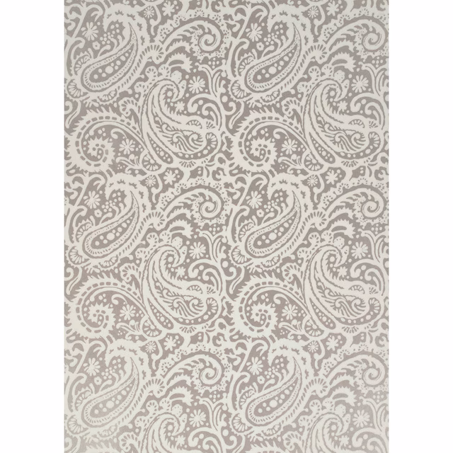 Silver-grey paisleys with floral curls repeating over a pale ivory wallpaper ground