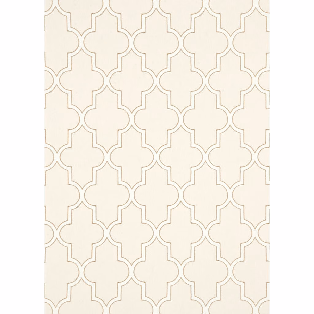 Chalk cream wallpaper with fine taupe geometric quatrefoil trellis outlines