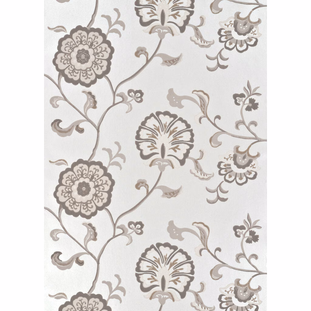 Silver-stone wallpaper with taupe scrolling stems and outlined floral medallions