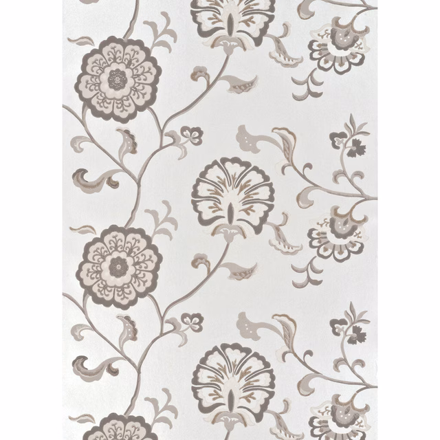 Silver-stone wallpaper with taupe scrolling stems and outlined floral medallions