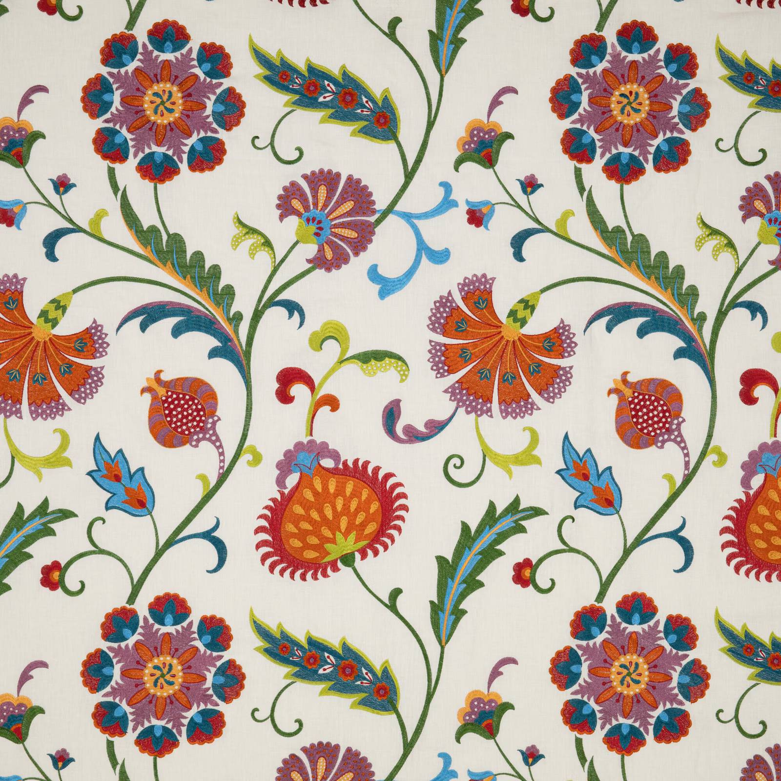 Ivory floral fabric with jewel-toned flowers, curling green stems and blue leaves