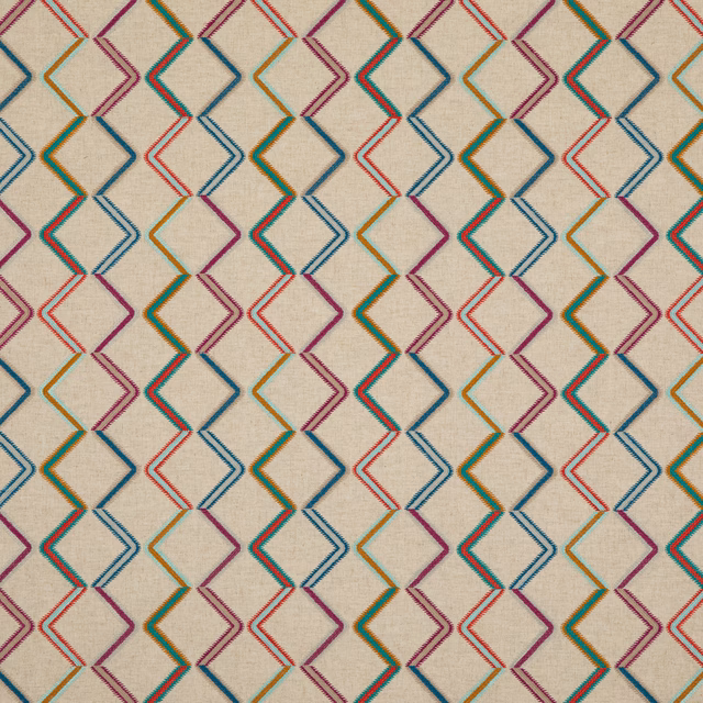 Cream woven ground with multicoloured outlined diamond and zigzag motifs