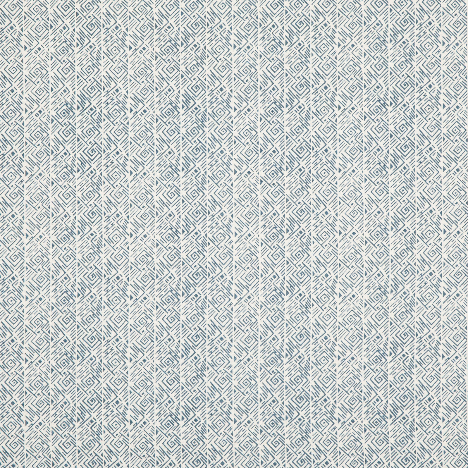 Pale cream linen with a fine cool-indigo labyrinth pattern in close repeat