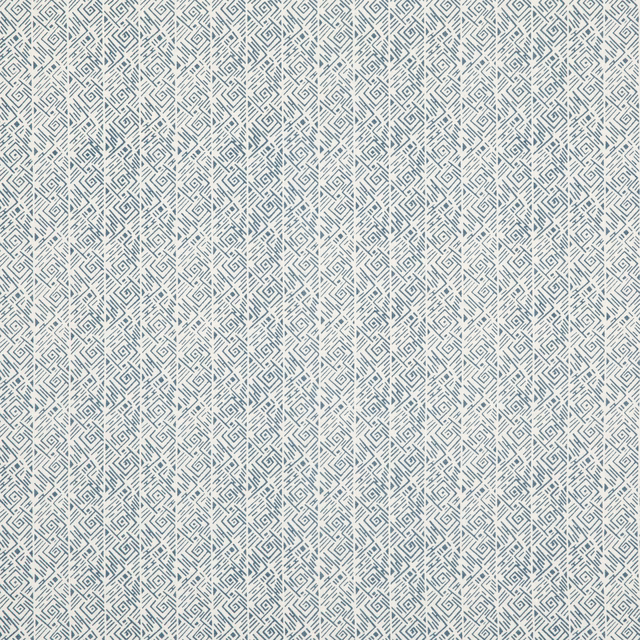 Pale cream linen with a fine cool-indigo labyrinth pattern in close repeat