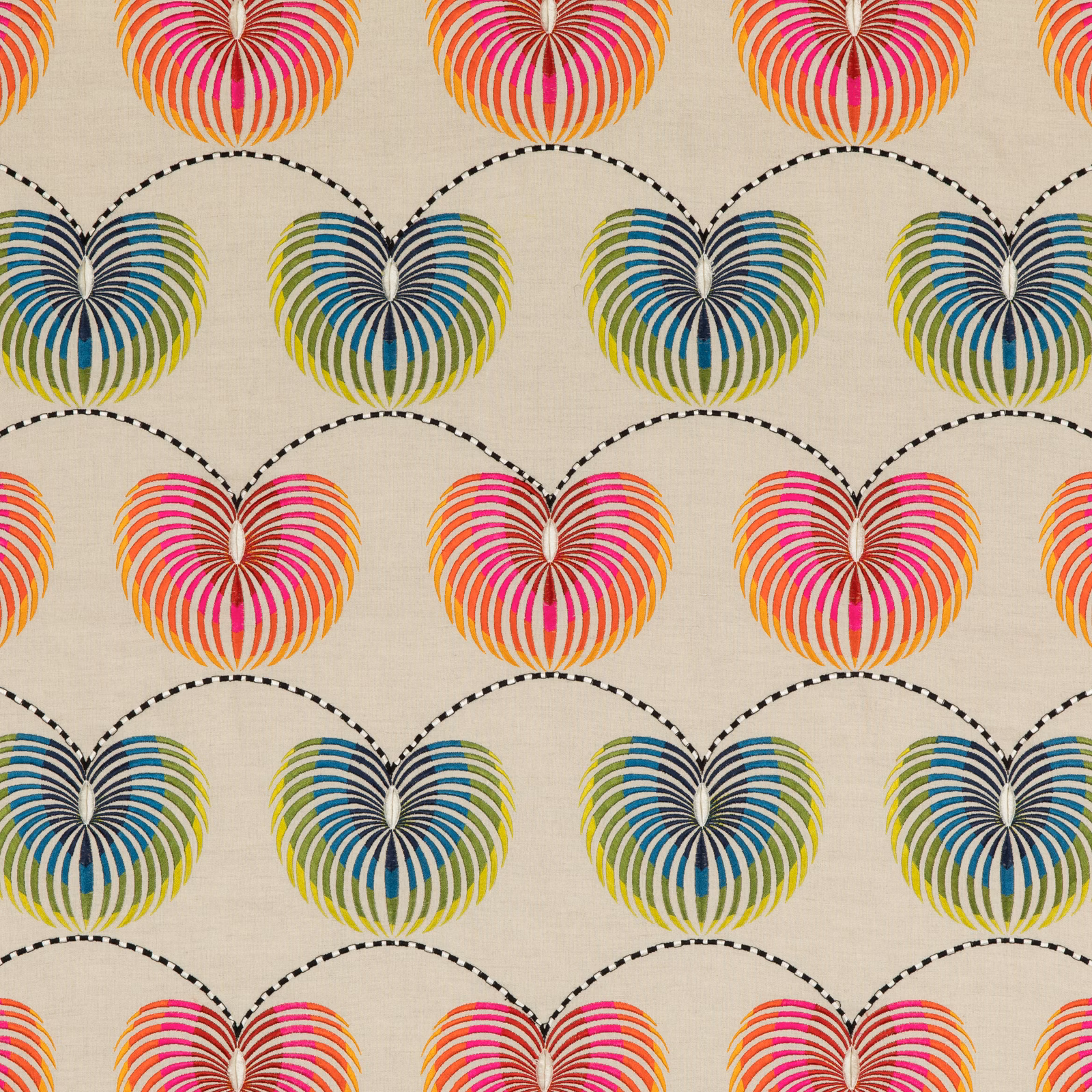 Cream woven fabric with vivid striped lantern motifs in fuchsia, teal, orange and green