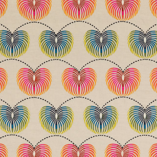 Cream woven fabric with vivid striped lantern motifs in fuchsia, teal, orange and green