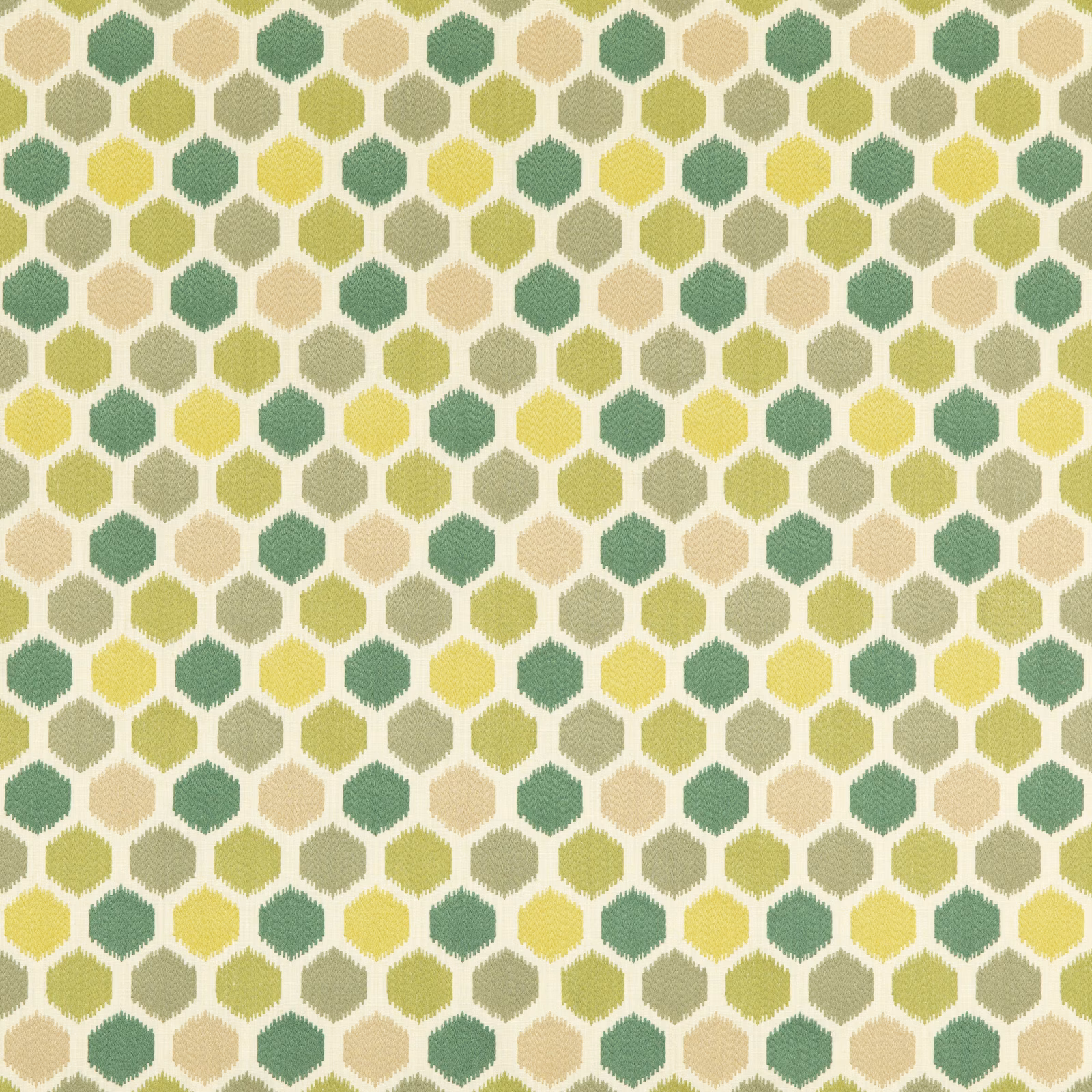 Emerald, lime, cream and beige hexagonal motifs in a softly textured geometric repeat