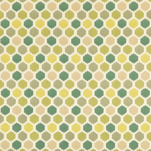 Emerald, lime, cream and beige hexagonal motifs in a softly textured geometric repeat