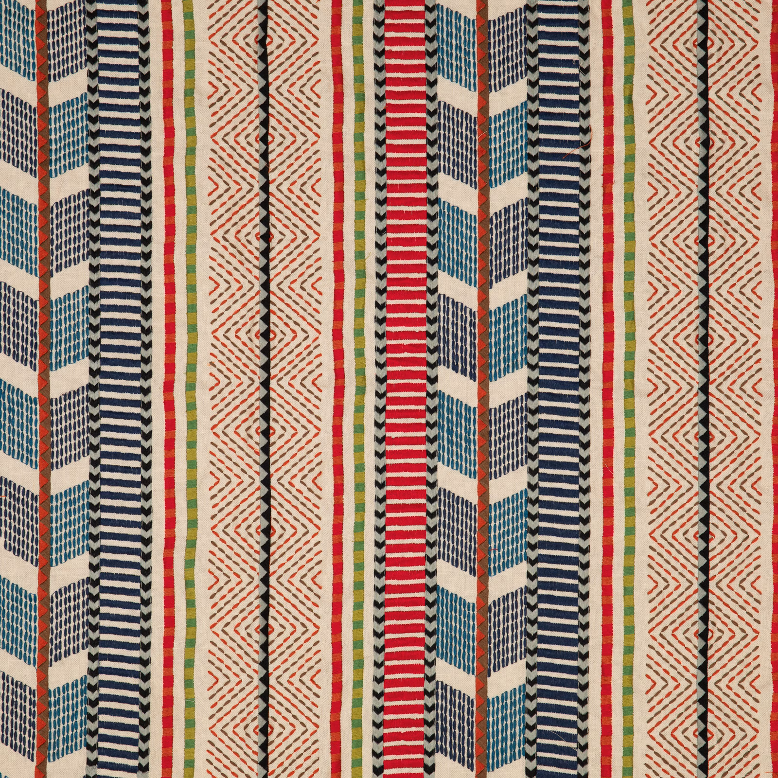 Ivory woven fabric with teal, navy, red and olive geometric vertical stripes