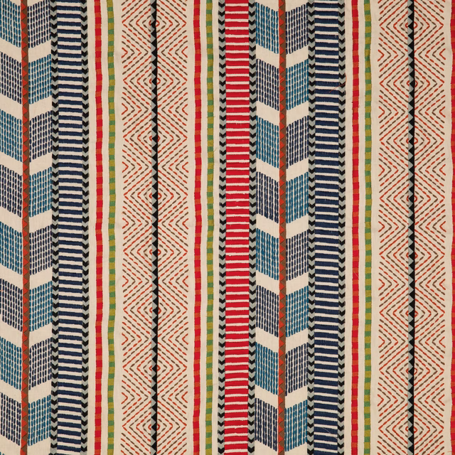 Ivory woven fabric with teal, navy, red and olive geometric vertical stripes