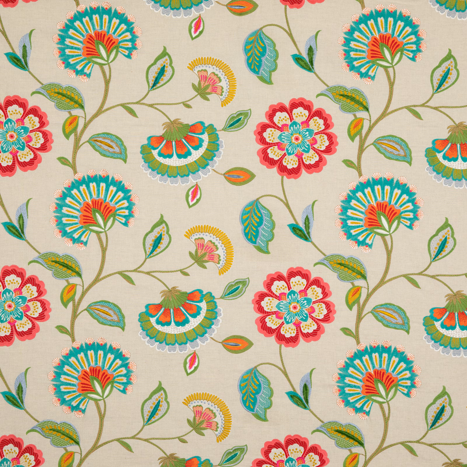 Oatmeal floral fabric with turquoise rosettes, coral blooms and olive leaves