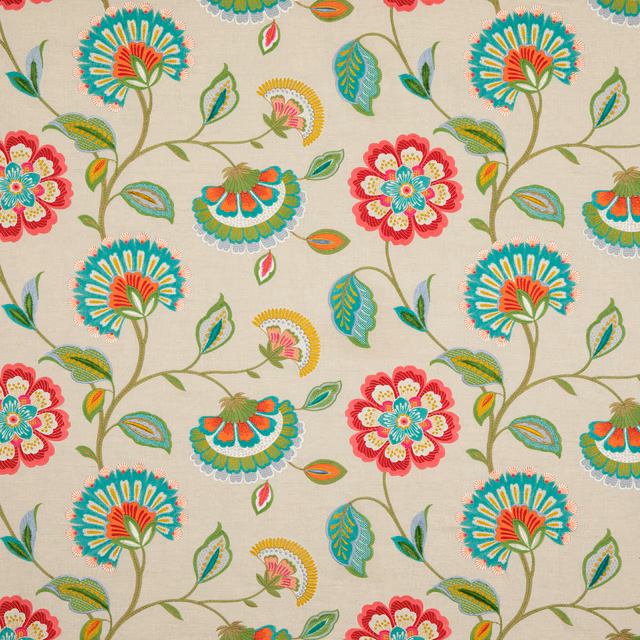 Oatmeal floral fabric with turquoise rosettes, coral blooms and olive leaves