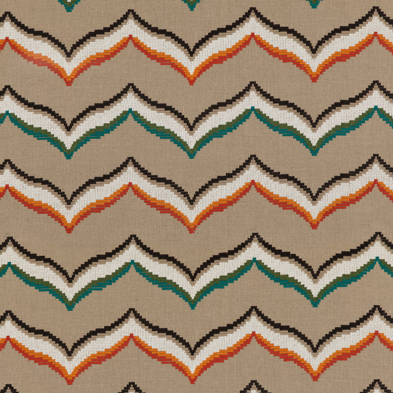 Taupe woven ground with emerald and spice zigzag chevrons, edged in black and ivory