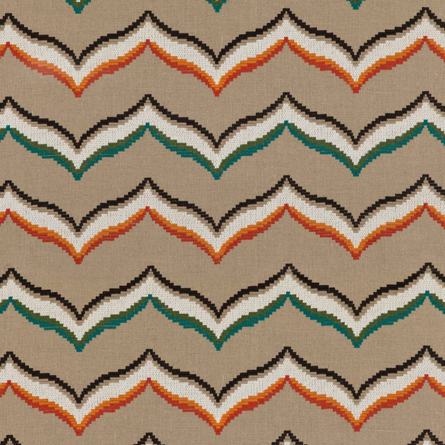 Taupe woven ground with emerald and spice zigzag chevrons, edged in black and ivory