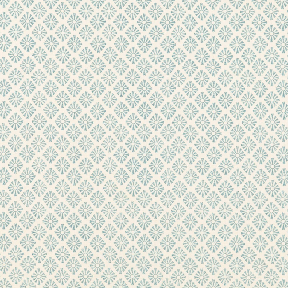 Pale aqua cotton with cream geometric sunburst rosettes in a small lattice repeat