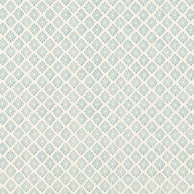 Pale aqua cotton with cream geometric sunburst rosettes in a small lattice repeat