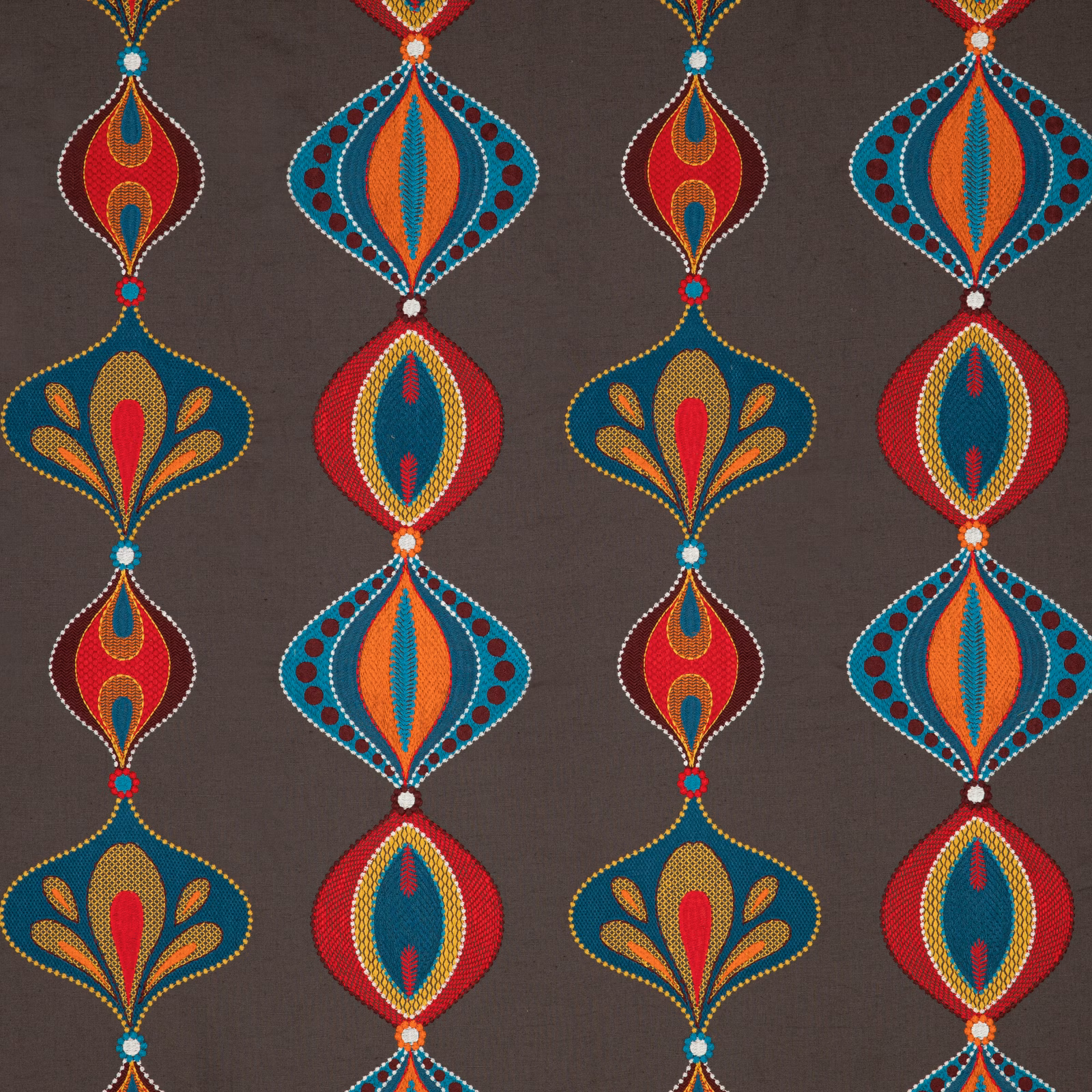 Teal and spice geometric floral motifs on a charcoal-brown patterned fabric