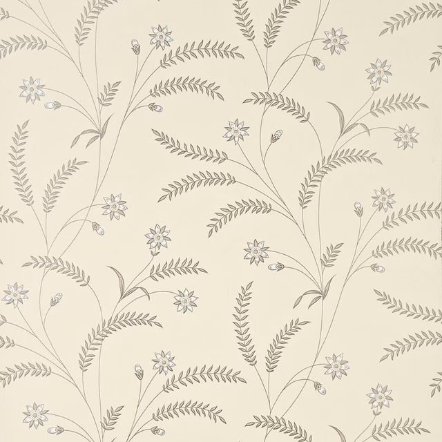 Soft ivory wallpaper with silver-grey flowers, fine stems and feathery trailing leaves
