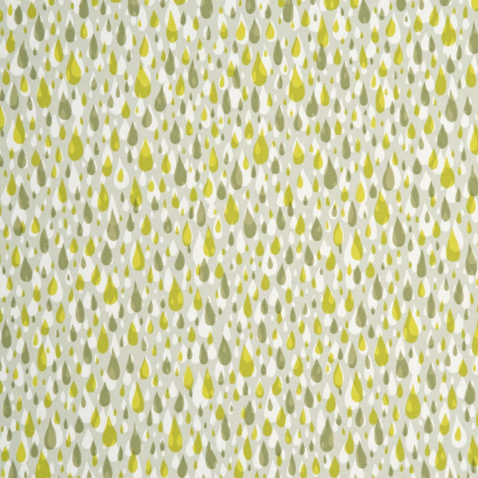 Dense lime and olive teardrops on a pale grey-white wallpaper ground