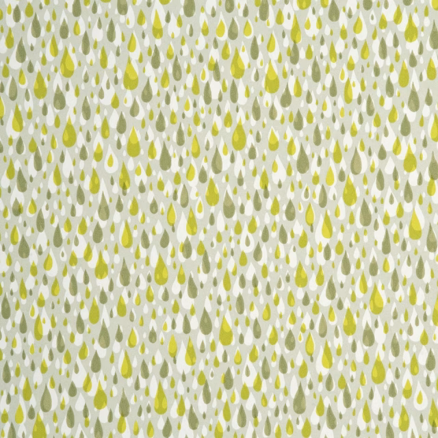 Dense lime and olive teardrops on a pale grey-white wallpaper ground