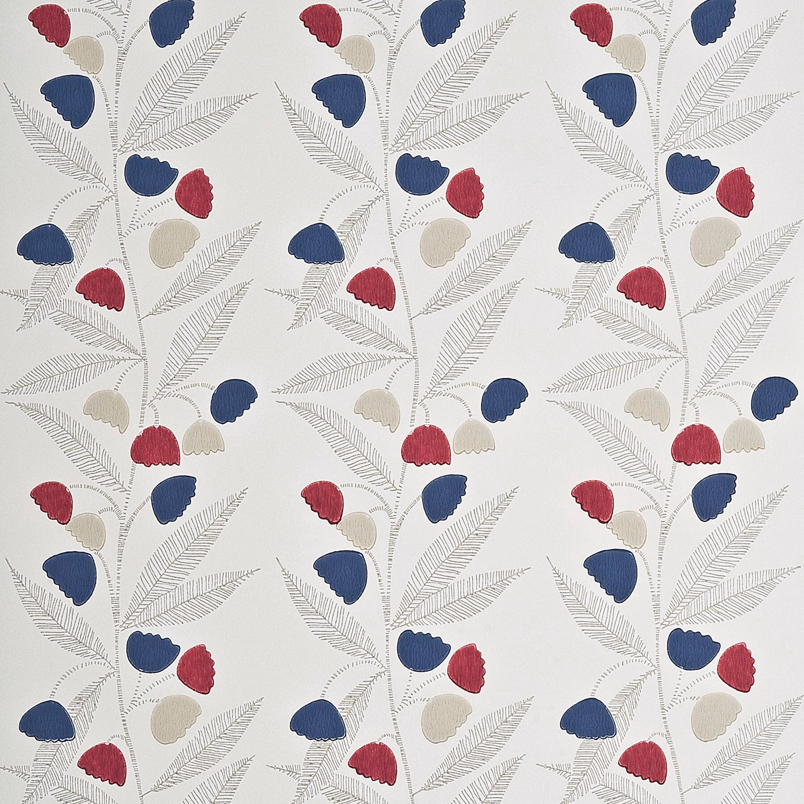 Cream wallpaper with cherry and indigo flowers, grey leaves and buttermilk accents