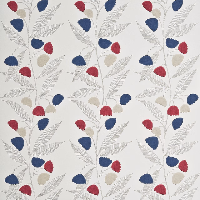 Cream wallpaper with cherry and indigo flowers, grey leaves and buttermilk accents