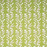 Lime-green woven fabric with white bell flowers and pale blush leaves