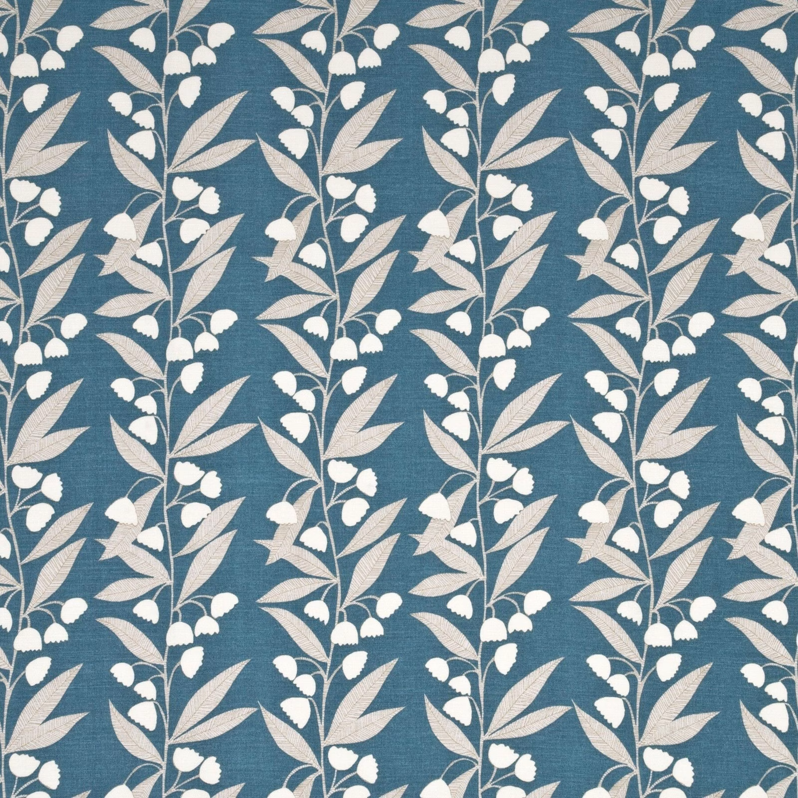 Muted teal woven ground with ivory bell flowers, leaves, and fine stems