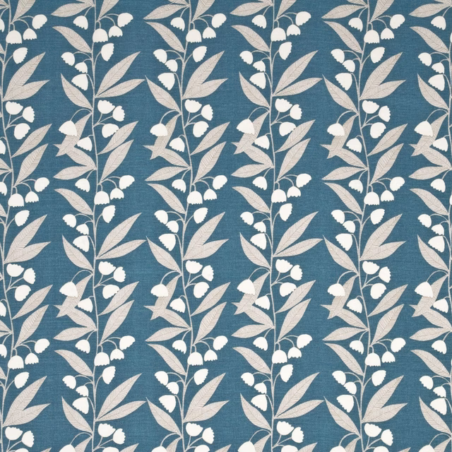 Muted teal woven ground with ivory bell flowers, leaves, and fine stems