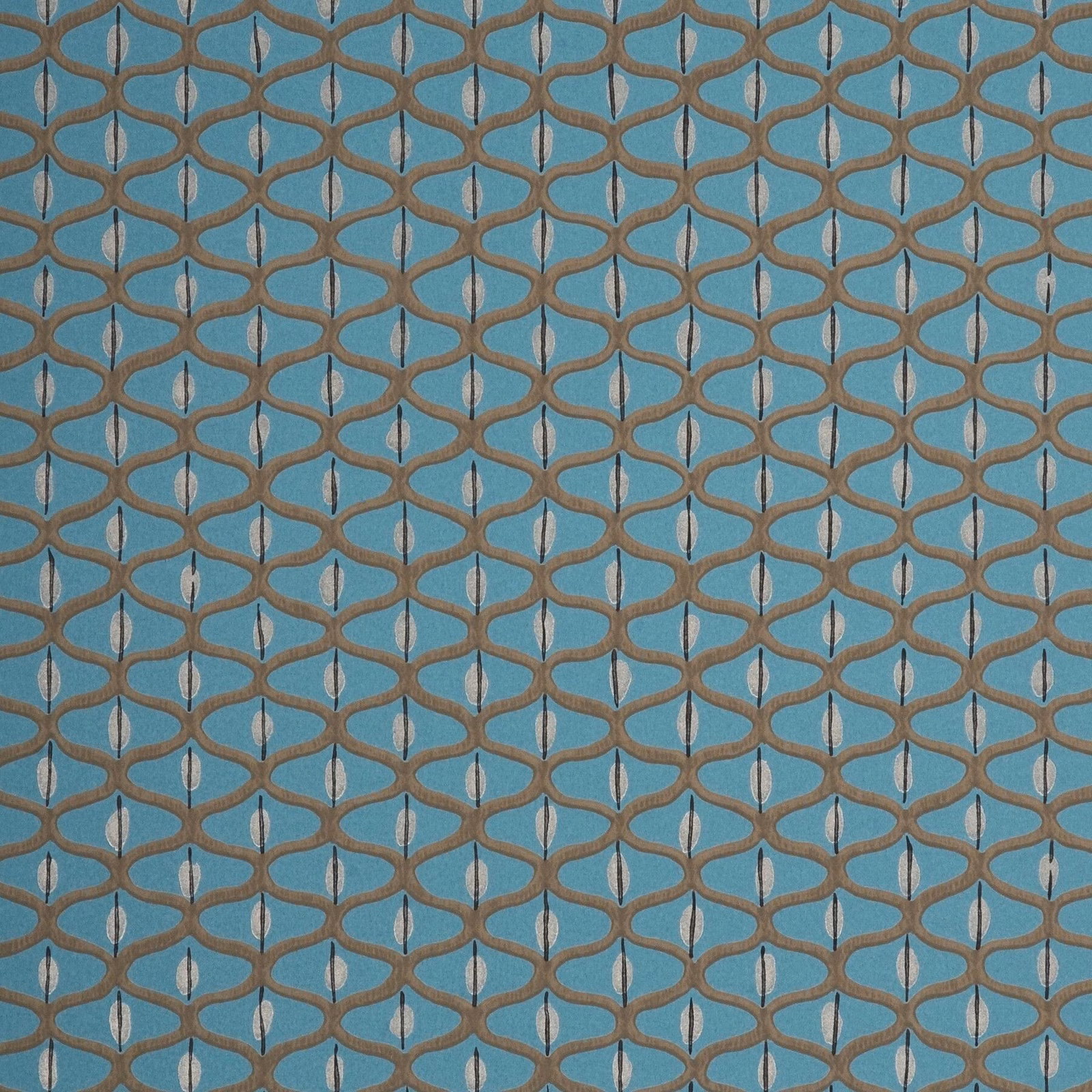 Teal wallpaper with coffee-brown looping lattice and silver leaf-shaped accents