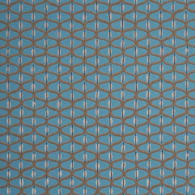 Teal wallpaper with coffee-brown looping lattice and silver leaf-shaped accents