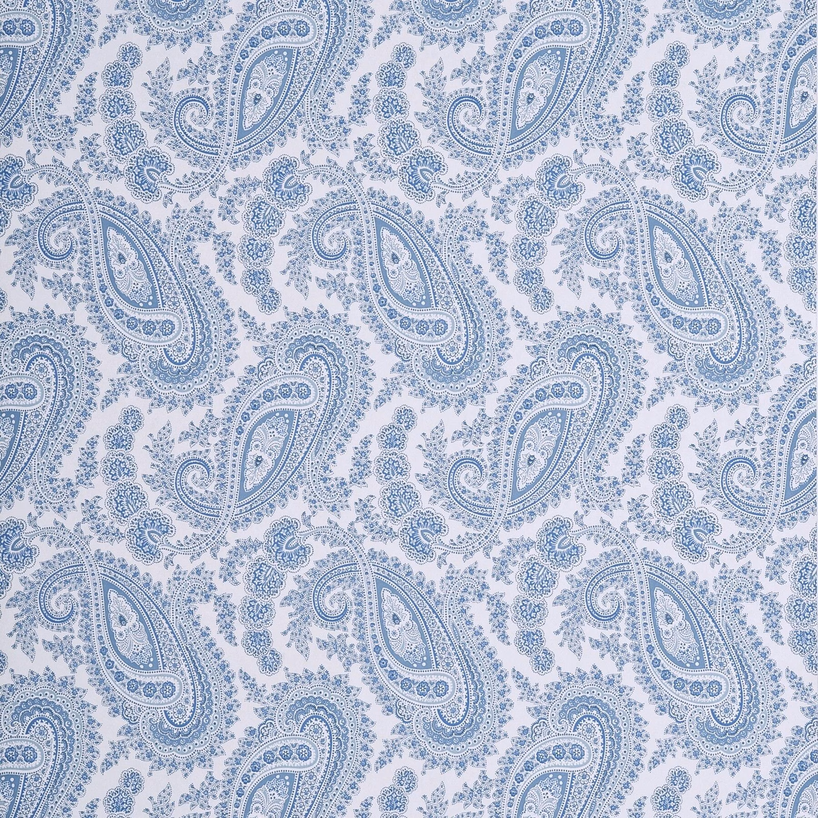 Cool Delft-blue paisleys and fine dotted tracery repeat across a pale paper ground