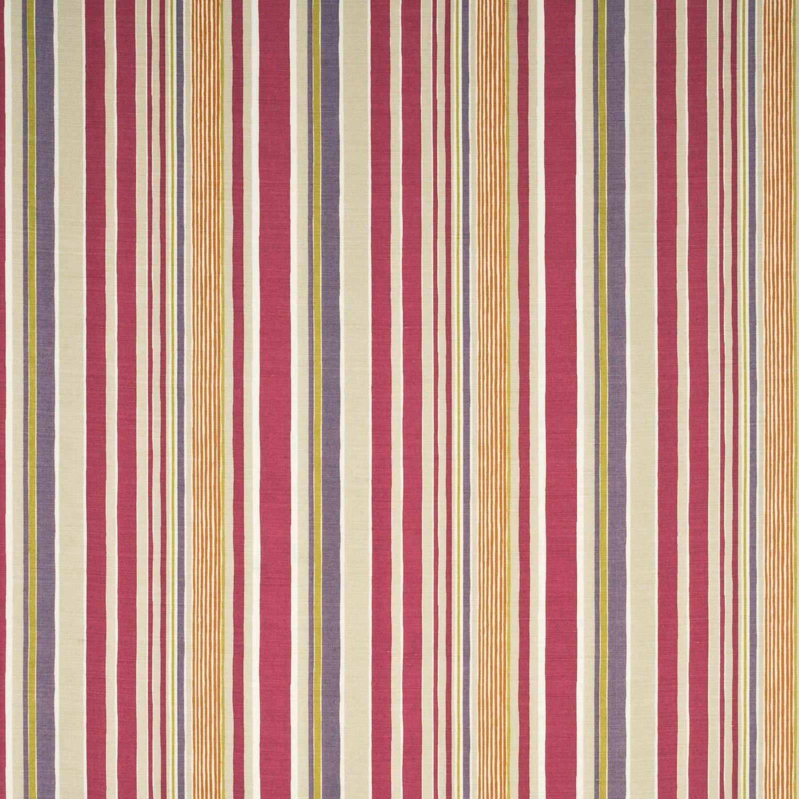 Close-up of vertical fuchsia, sienna and stone stripes in a fine linen-rich weave