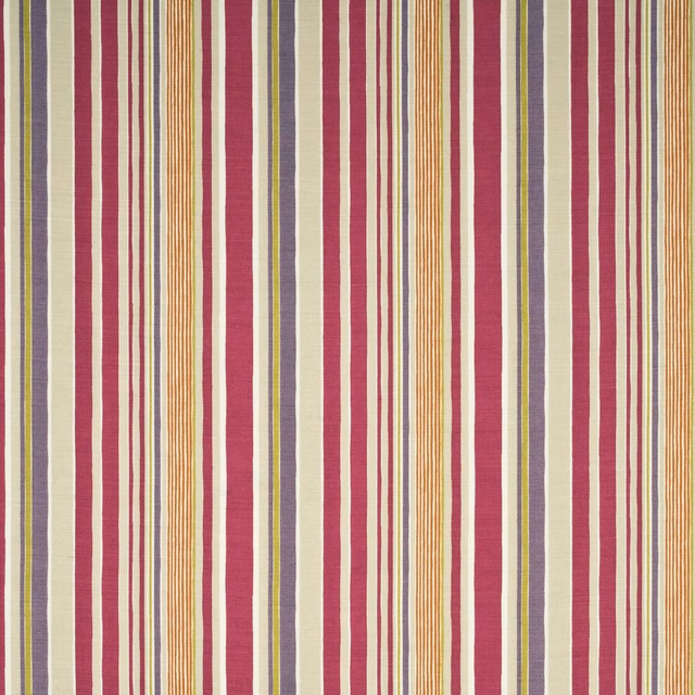 Close-up of vertical fuchsia, sienna and stone stripes in a fine linen-rich weave
