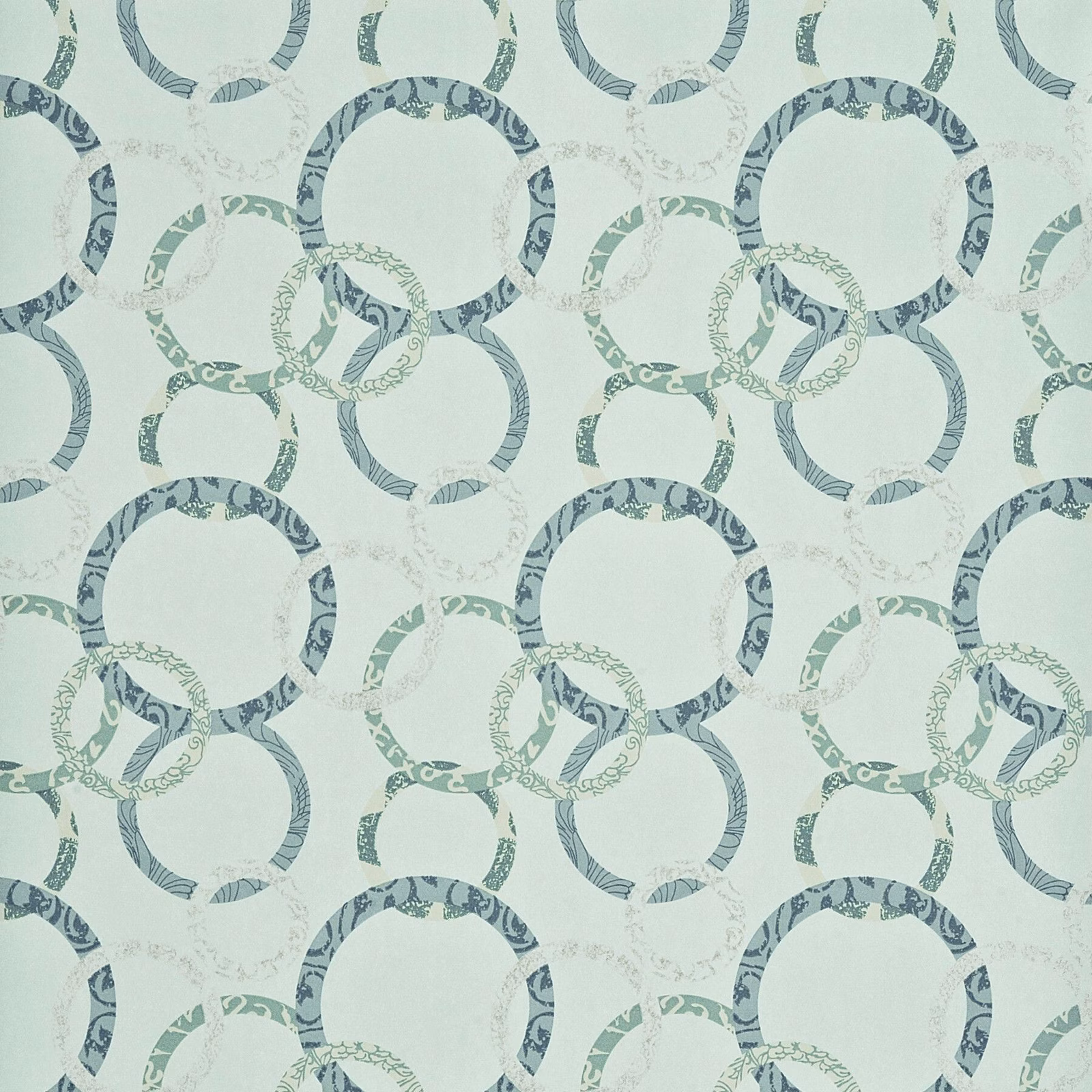 Pale aqua wallpaper with overlapping teal and silver circular ring motifs
