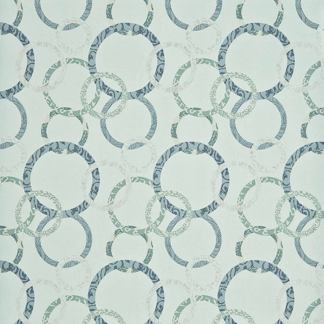 Pale aqua wallpaper with overlapping teal and silver circular ring motifs