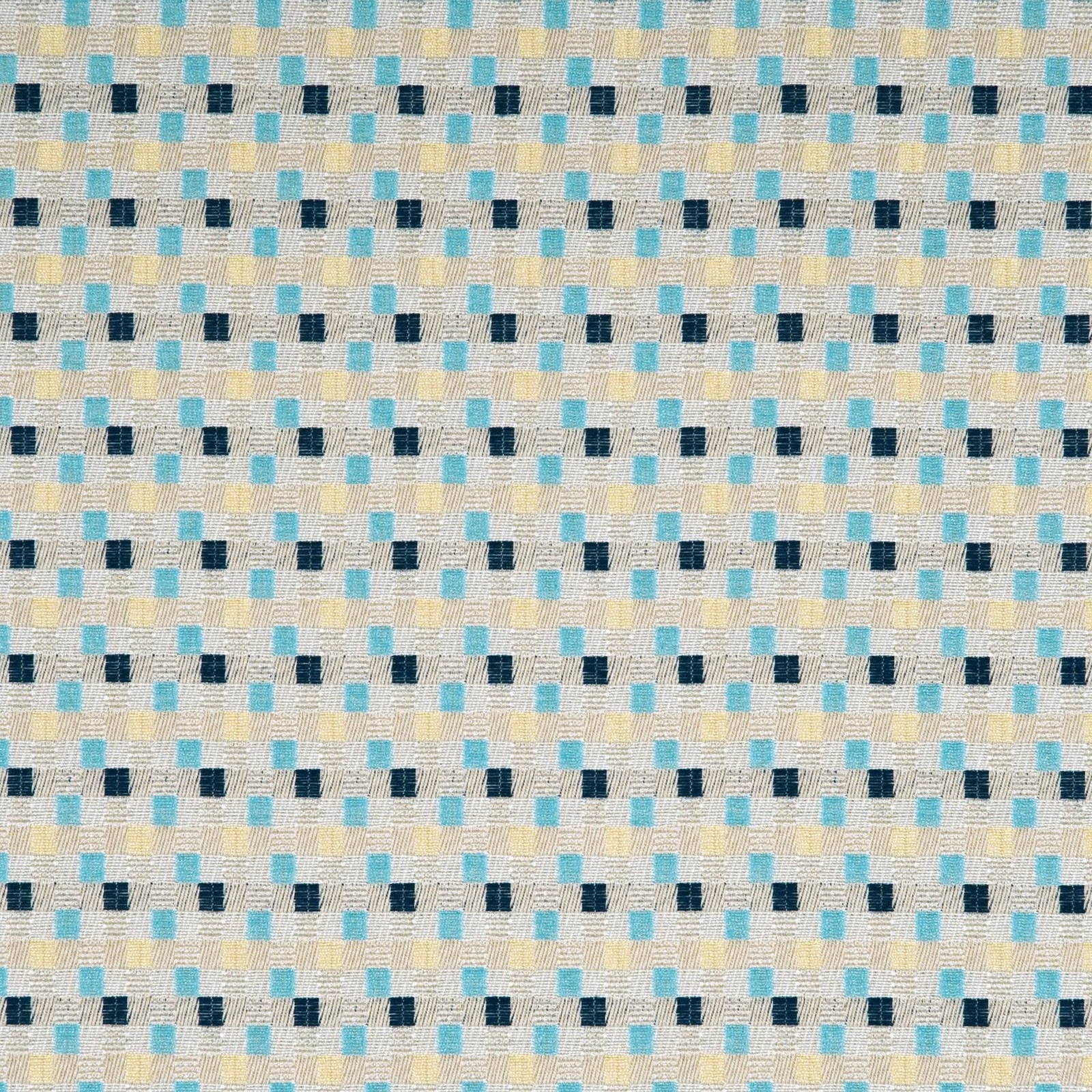 Aqua, indigo and linen woven check with small textured rectangular blocks