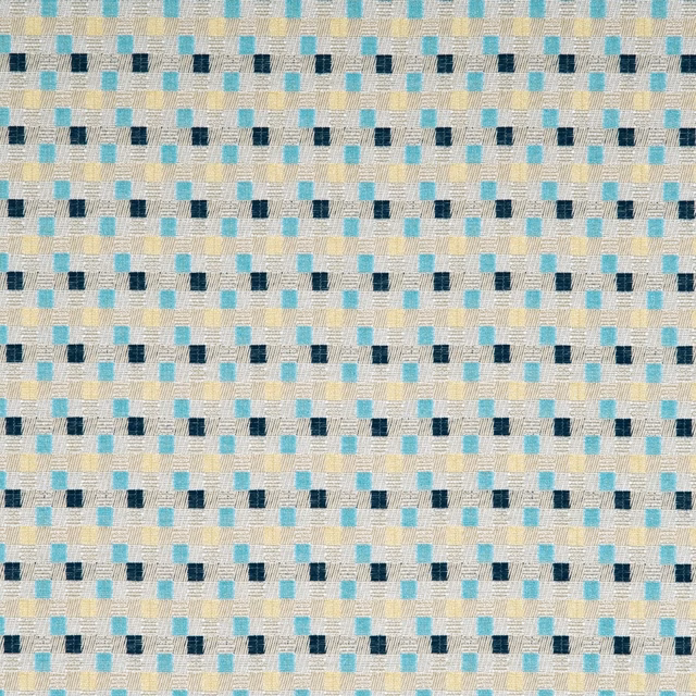 Aqua, indigo and linen woven check with small textured rectangular blocks