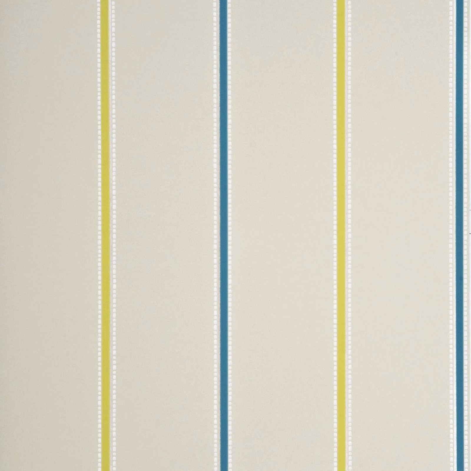 Cream wallpaper with slim teal and lime vertical stripes and dotted edging